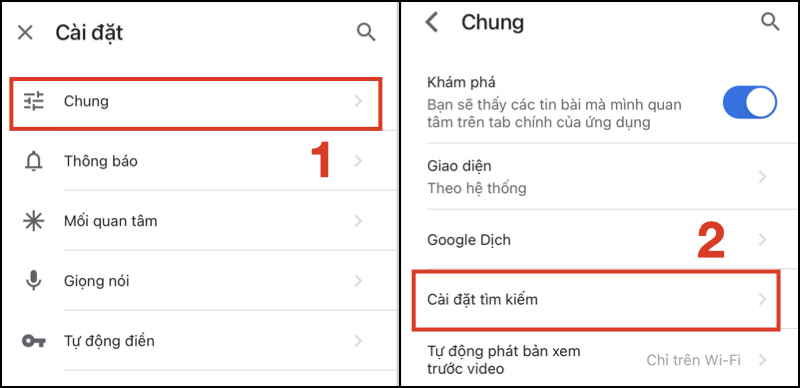 Chọn vào Cài đặt tìm kiếm